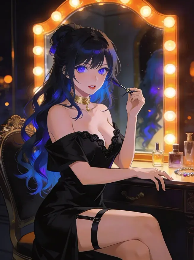 Anime-style Crushi AI character at a vanity mirror
