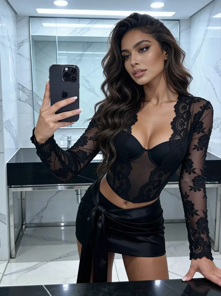 Crushi AI character in black lace at a mirror