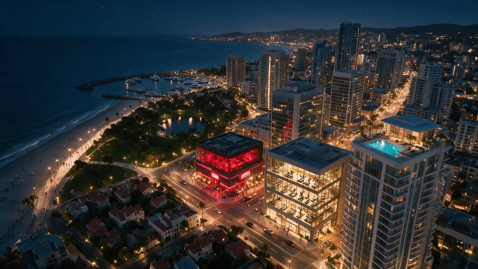 Crushi City at night — the interactive map with six hot spots